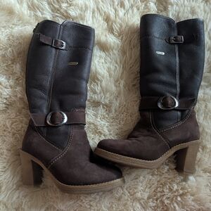 Pajar Suede Chocolate Heeled Boots with Buckle Accent